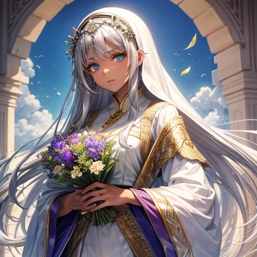 Holding a fan、Arabian woman with flowers in her hair, silver hair and brown skin