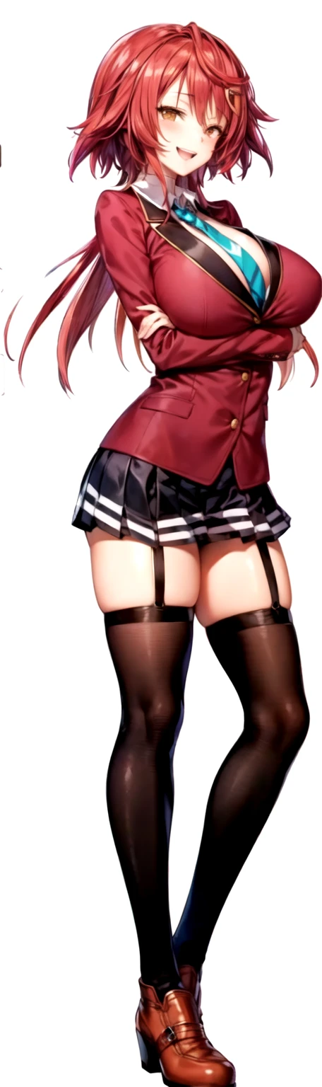 masterpiece, Highest quality, High resolution, , Red Hair, Red Bow, Striped blue scarf, blazer, Gold Button,(A big smile),Red ugly jacket, Long sleeve, garter belt,Big Breasts,,Black Skirt, Black tights, Sexy thighs,Brown boots,Arms crossed, 