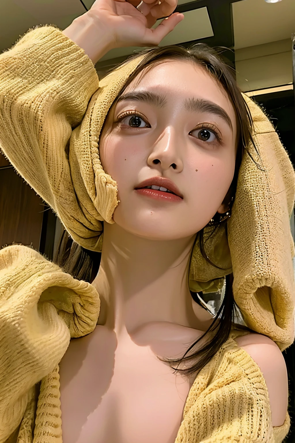 ((((upper body shot)))),((((Nude)))),(((nipples))),Ultra-high resolution,big eyes,Japanese,(a girl),(1 girl),(()),((cute)),pretty,earring,((facing at viewer)),(long hair),((looking at viewer)),hotel