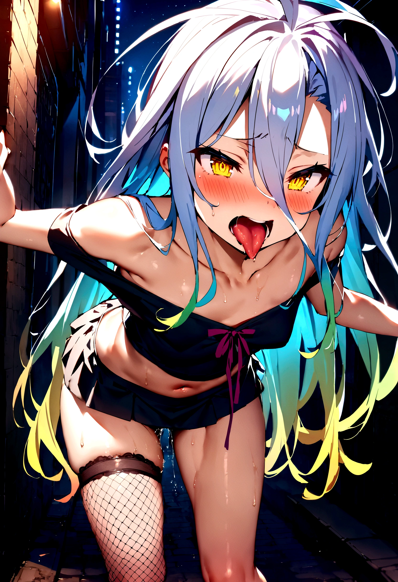 NSFW,masterpiece,Highest quality,High resolution,Super detailed,Shiro \(no game No life\),Long Hair,Multicolored Hair,Hair between the eyes,Gradient Hair,Yellow Eyes,Flat Chest,Slave,Off the shoulder,cropped,Micro Mini Skirt,Fishnet tights,Downtown at night,alley,Ecstasy face,Embarrassed,blush,Leg spread,orgasm,Climax,Squirting,Open your mouth、Stick your tongue out,Roll your eyes、squint,Are standing,prostitution,One man,Having sex