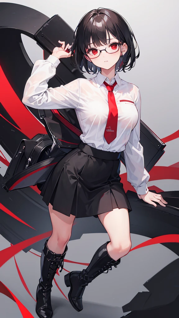 1 Girl,{White shirt},Black Hair,short hair,Red Eyes,wear glasses,Medium breasts,Red tie,Bangs,Black skirt,Black Martin boots,bend over