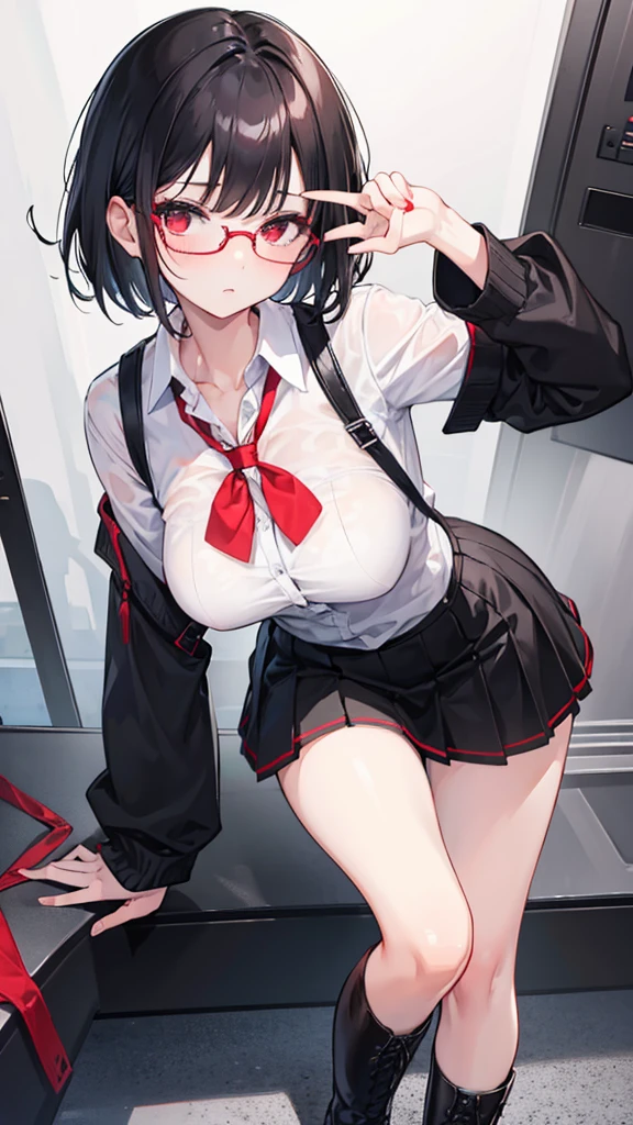 1 Girl,{White shirt},Black Hair,short hair,Red Eyes,wear glasses,Medium breasts,Red tie，Bangs，Black skirt，Black Martin boots，bend over