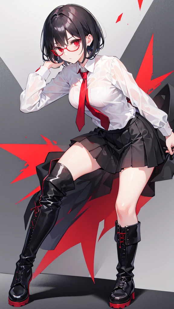 1 Girl,{White shirt},Black Hair,short hair,Red Eyes,wear glasses,Medium breasts,Red tie,Bangs,Black skirt,Black Martin boots,bend over
