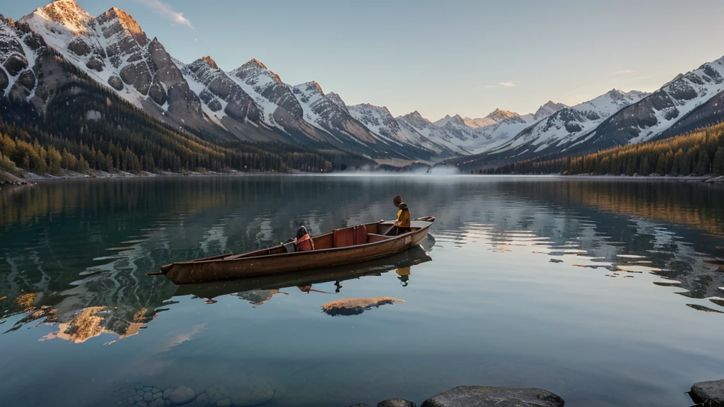 A tranquil mountain lake at sunrise, nestled among towering peaks with snow-capped summits. The lake's surface is like glass, perfectly reflecting the surrounding mountains and the early morning sky painted with shades of pink, orange, and gold. Pine trees with rich, green needles line the shore, and a mist rises gently from the water, adding a sense of calm and serenity. A small wooden dock extends into the lake, with a single rowboat tied to it, gently rocking with the ripples. Near the shore, a family of ducks glides peacefully across the water. In the background, a cozy log cabin with smoke curling from its chimney sits among the trees, suggesting the warmth of a fire inside. The scene is peaceful, pristine, and untouched, inviting a sense of reflection and tranquility.