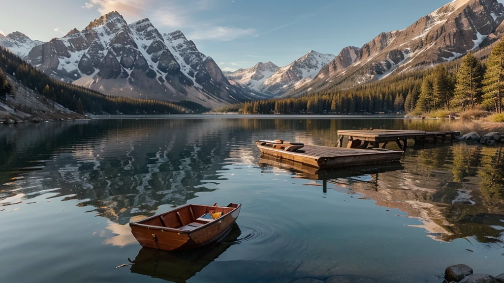 A tranquil mountain lake at sunrise, nestled among towering peaks with snow-capped summits. The lake's surface is like glass, perfectly reflecting the surrounding mountains and the early morning sky painted with shades of pink, orange, and gold. Pine trees with rich, green needles line the shore, and a mist rises gently from the water, adding a sense of calm and serenity. A small wooden dock extends into the lake, with a single rowboat tied to it, gently rocking with the ripples. Near the shore, a family of ducks glides peacefully across the water. In the background, a cozy log cabin with smoke curling from its chimney sits among the trees, suggesting the warmth of a fire inside. The scene is peaceful, pristine, and untouched, inviting a sense of reflection and tranquility.