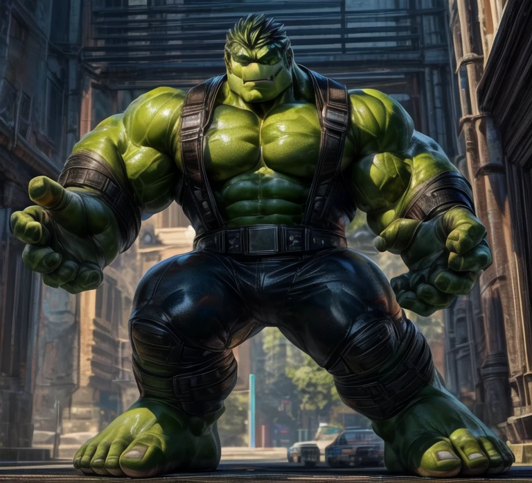 a close up of a cartoon character with a green and black outfit, hulk body type, hulking,incredible hulk, hulkish, hulk like physique, hulk, this character has musclebound and hulking, the hulk, the strongest superhero, manly monster tough guy, green doom guy, incredible hulk,focus on male hulk,detail face,detal eyes(have pupils),detail face(include nose&mouth),detail body,detail arms&hands(include fingers,5 fingers),detail upper-body&lower-body,detail legs&feet,art by takahirosi,4k,high res,2d animation