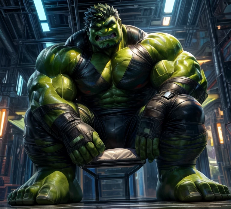 a close up of a cartoon character with a green and black outfit, hulk body type, hulking,incredible hulk, hulkish, hulk like physique, hulk, this character has musclebound and hulking, the hulk, the strongest superhero, manly monster tough guy, green doom guy, incredible hulk,focus on male hulk,detail face,detal eyes(have pupils),detail face(include nose&mouth),detail body,detail arms&hands(include fingers,5 fingers),detail upper-body&lower-body,detail legs&feet,art by takahirosi,4k,high res,2d animation