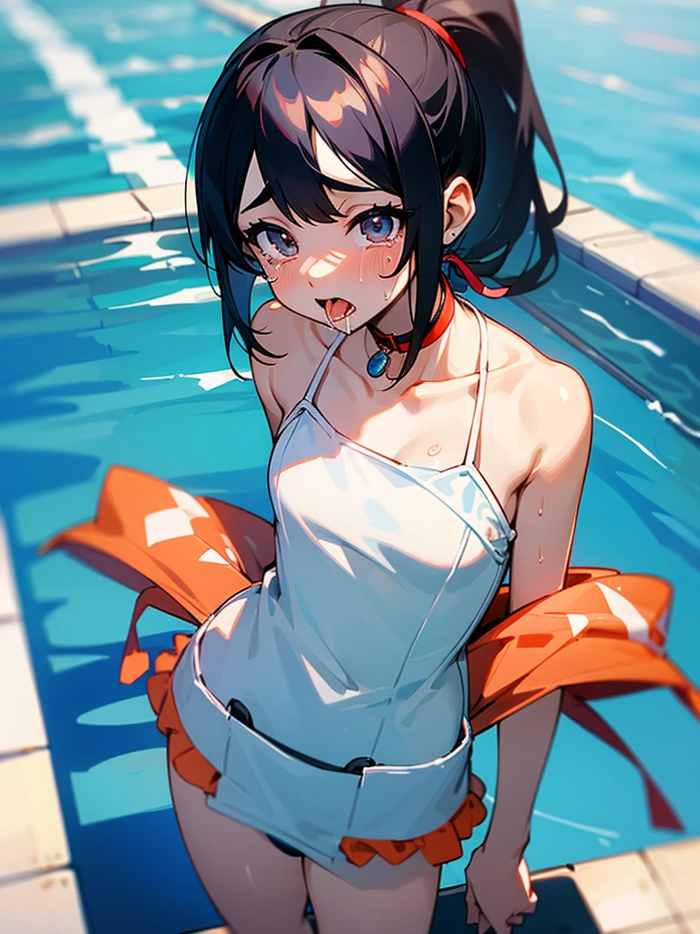 Highest quality,High resolution,1People Girl,beautiful girl,whole body,look up,looking at the camera,Big eyes,Crying face,Tears,Stringy saliva,Open your mouth wide,Sticking out tongue,Flush saliva,Overflowing with saliva,ponytail,Black Hair,Big rainbow eyes,Pool,Swimwear,競泳Swimwear,セパレートSwimwear,ワンピースSwimwear,A whistle hanging from his neck,Standing posture,
