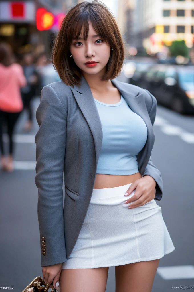 a 18 year old face of the most beautiful actress in the world, the perfect body proportions of a female, tight blazer is worn on blouse of female upper body, panties between bare legs are almost seen thanks to skirt is too short, the short hair cut of a female is just like male one, sexy crotch of a female, standing, at the city street, nsfw, best quality, highly detailed, masterpiece, ultra high res, photo realistic, 8k
