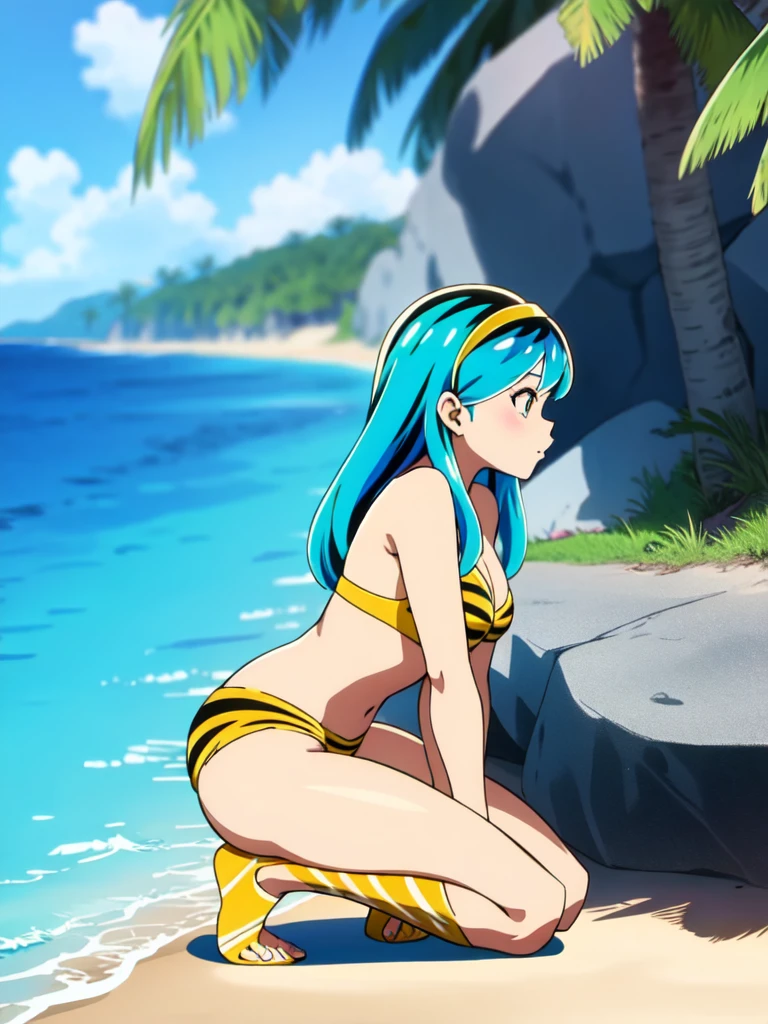 lum, bikini,(side profile, On knees, on the beach)