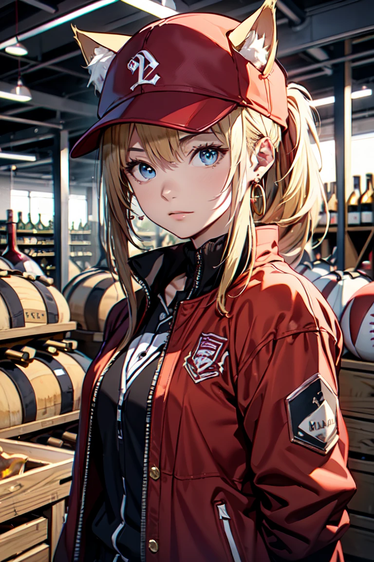 ((Cat ears)), ((Sleeveless)),((Wine Red Baseball Cap)),((Wearing a wine red baseball uniform))、((Red jacket))、((In front of the guillotine)), Blonde Hair, 短めponytail, (Blonde Hair, short,ponytail), Pale blue eyes,Closed Mouth、Hoop Earrings, Jewelry,(Best Quality, 8k, Oil painting, Mastepiece:1.2), Super detailed, (Realism, It's photorealistic:1.37), (((Bust Shot))),