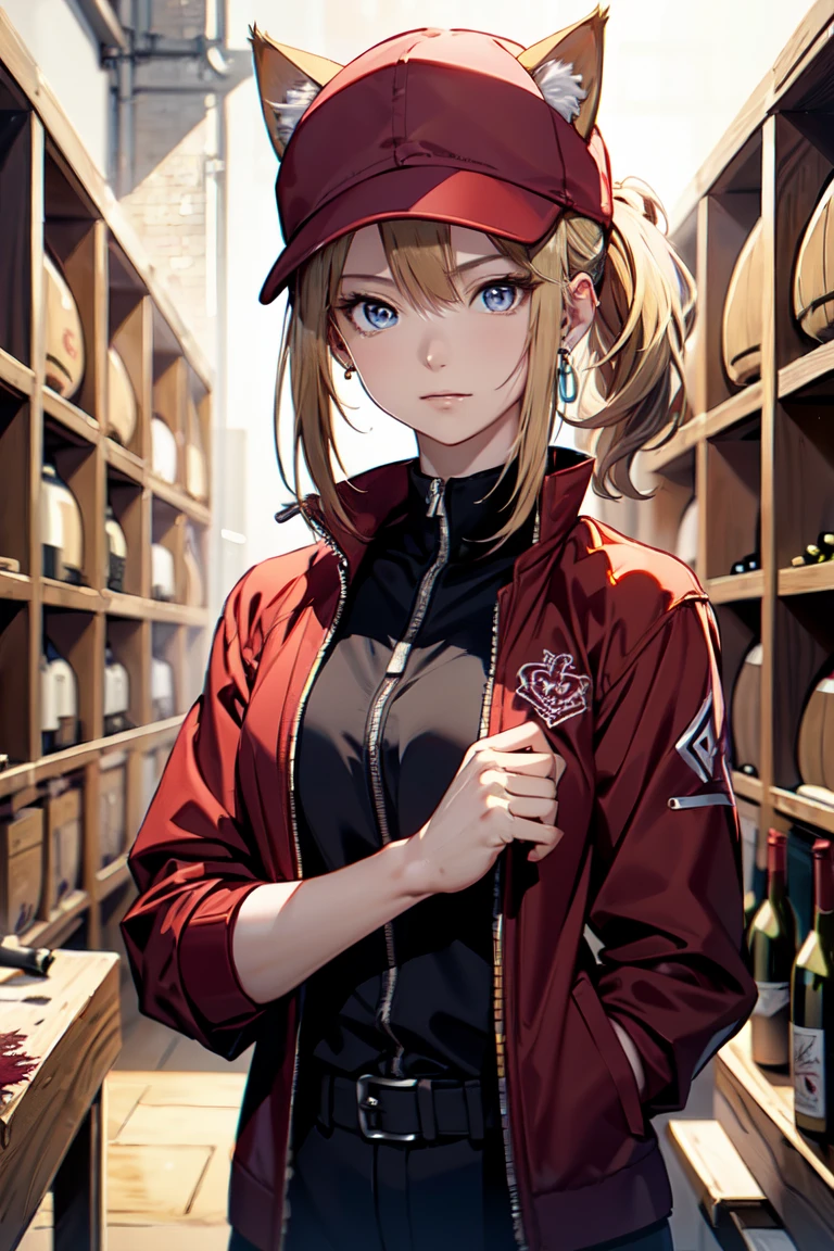 ((Cat ears)), ((Sleeveless)),((Wine Red Baseball Cap)),((Wearing a wine red baseball uniform))、((Red jacket))、((In front of the guillotine)), Blonde Hair, 短めponytail, (Blonde Hair, short,ponytail), Pale blue eyes,Closed Mouth、Hoop Earrings, Jewelry,(Best Quality, 8k, Oil painting, Mastepiece:1.2), Super detailed, (Realism, It&#39;s photorealistic:1.37), (((Bust Shot))),