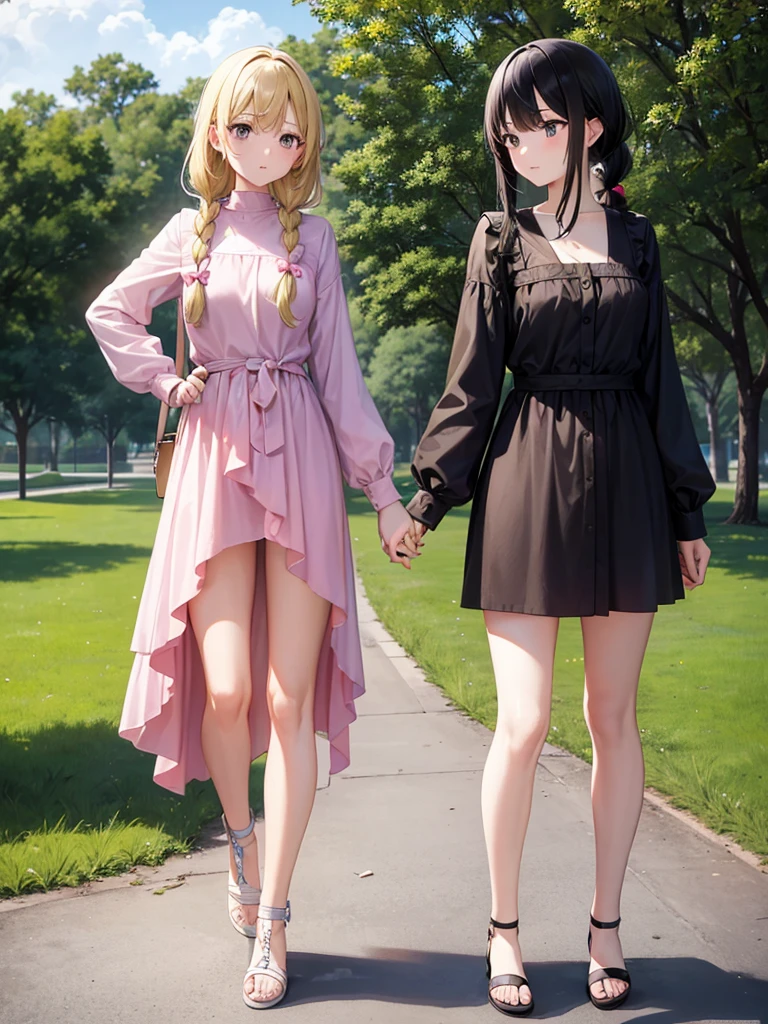 Two adult girls walking together, One wears two blonde pigtails falling over her shoulders and a pink jumpsuit-type dress while the other wears a long-sleeved green dress., He has black eyes and black hair, long, loose hair without any ties, Her hair reaches her waist and she has straight bangs., loose hair with bangs, in a park, staring, the girl with black hair has it long and loose, she is taller than the blonde girl, In the middle of the night