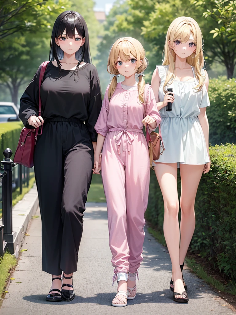 Two adult girls walking together, One wears two blonde pigtails falling over her shoulders and a pink jumpsuit-type dress while the other wears a long-sleeved green dress., He has black eyes and black hair, long, loose hair without any ties, Her hair reaches her waist and she has straight bangs., loose hair with bangs, in a park, staring, the girl with black hair has it long and loose, she is taller than the blonde girl, In the middle of the night