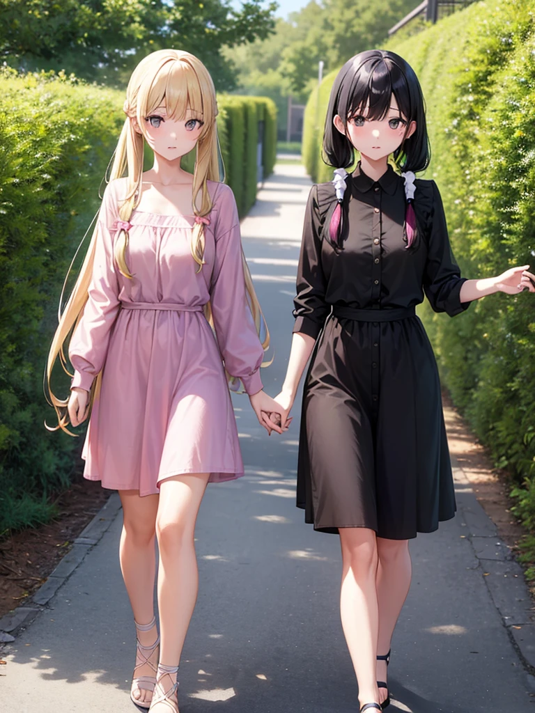 Two adult girls walking together, One wears two blonde pigtails falling over her shoulders and a pink jumpsuit-type dress while the other wears a long-sleeved green dress., He has black eyes and black hair, long, loose hair without any ties, Her hair reaches her waist and she has straight bangs., loose hair with bangs, in a park, staring, the girl with black hair has it long and loose, she is taller than the blonde girl, In the middle of the night