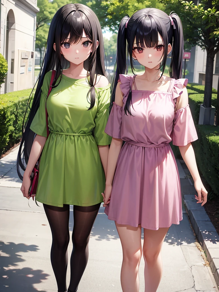 Two adult girls walking together, One wears two blonde pigtails falling over her shoulders and a pink jumpsuit-type dress while the other wears a long-sleeved green dress., He has black eyes and black hair, long, loose hair without any ties, Her hair reaches her waist and she has straight bangs., loose hair with bangs, in a park, staring, the girl with black hair has it long and loose, she is taller than the blonde girl, In the middle of the night