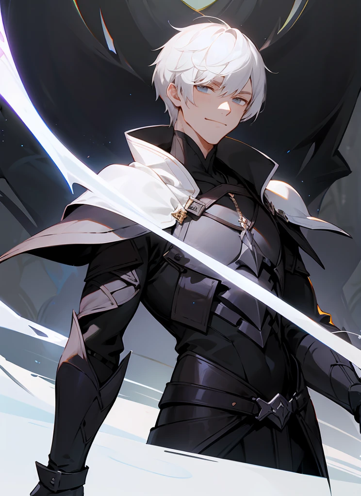 1 , handsome fashion hair,black hair highlight white hair, fanstasy, smile face, male ,fantasy, reaper, hunter with blackshortsword, villian face, short hair black armor , darkness wolrd, 