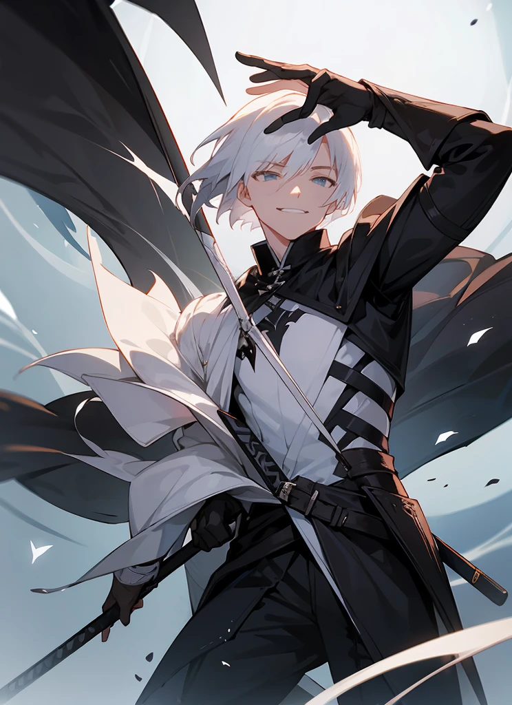 1 , handsome fashion hair,black hair highlight white hair, fanstasy, smile face, male ,fantasy, reaper, hunter with blackshortsword, villian face, short hair black armor , darkness wolrd, 