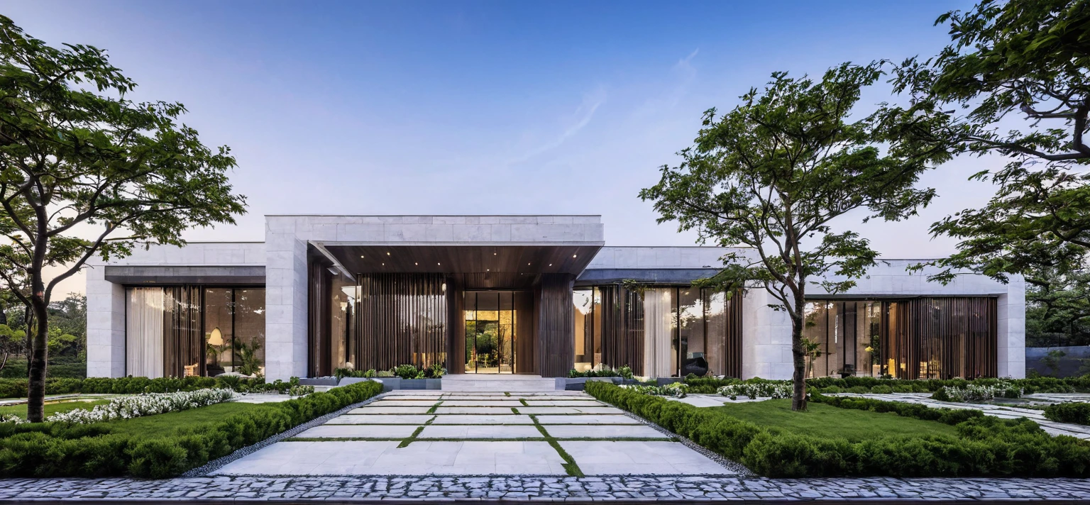 qlcd,tingyuan, photo of modern villa, grassland, garden, shrubs and trees, rock decoration, clear sky, sun light, realistic photo