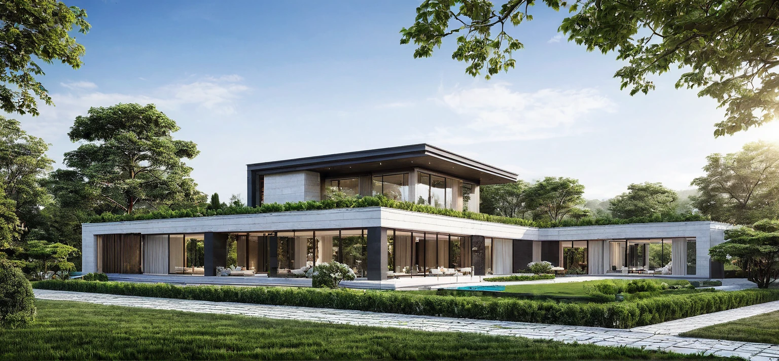 qlcd,tingyuan, photo of modern villa, grassland, garden, shrubs and trees, rock decoration, clear sky, sun light, realistic photo