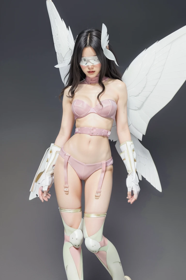 best quality, intricate details,
1girl,  Angewomon, winged helmet, helmet over eyes, helmet on, covered eyes,white multiple wings, white wings, pink hagoromo, single glove, strapless,white bodysuit, gold strapless bra, black belt, two belts, collabrone, bare shoulders, small breast, flashing tits, flashing pussy, skinny body, nude, naked body, full body, flasing tits, showing , nude, naked, showing pussy