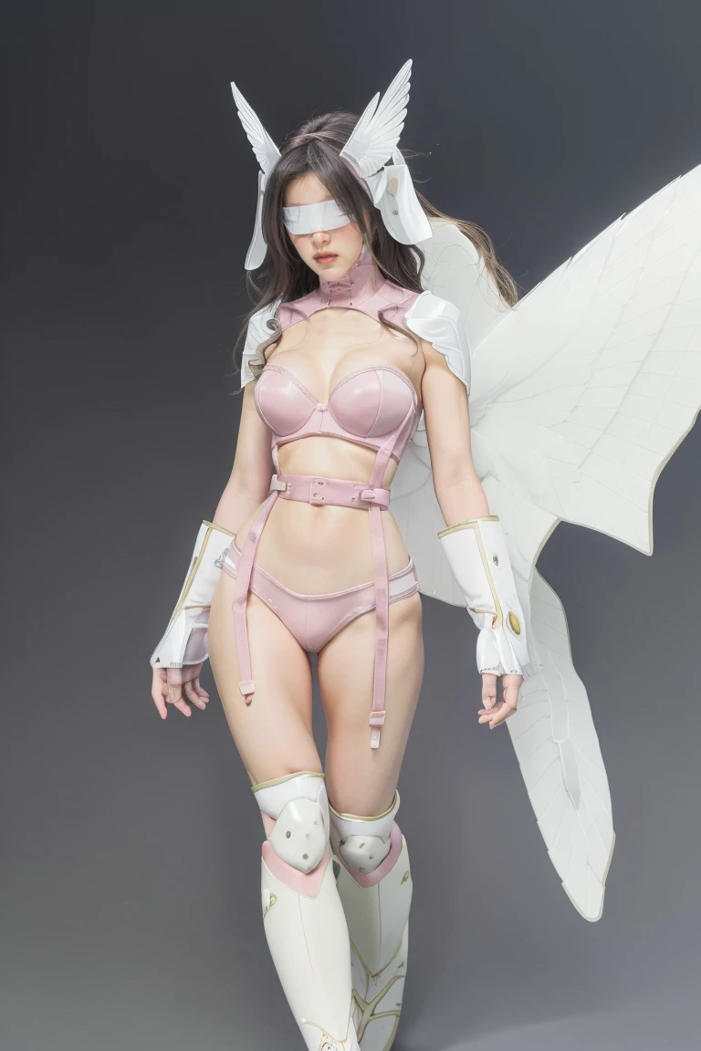 best quality, intricate details,
1girl,  Angewomon, winged helmet, helmet over eyes, helmet on, covered eyes,white multiple wings, white wings, pink hagoromo, single glove, strapless,white bodysuit, gold strapless bra, black belt, two belts, collabrone, bare shoulders, body, full body,