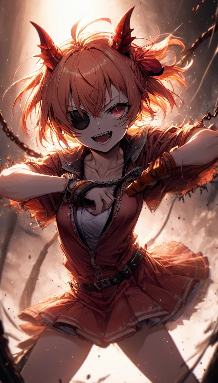 energetic, fun, explosive, Power imitating Himeno in Chainsaw Man, red horns, sharp teeth grind smile, sassy, wearing an eye patch on her left eye, cool pose, sexier, anime, cinematic, dramatic, Koume Keito style, medium close-up, dynamic vision, full body, HD12K,
