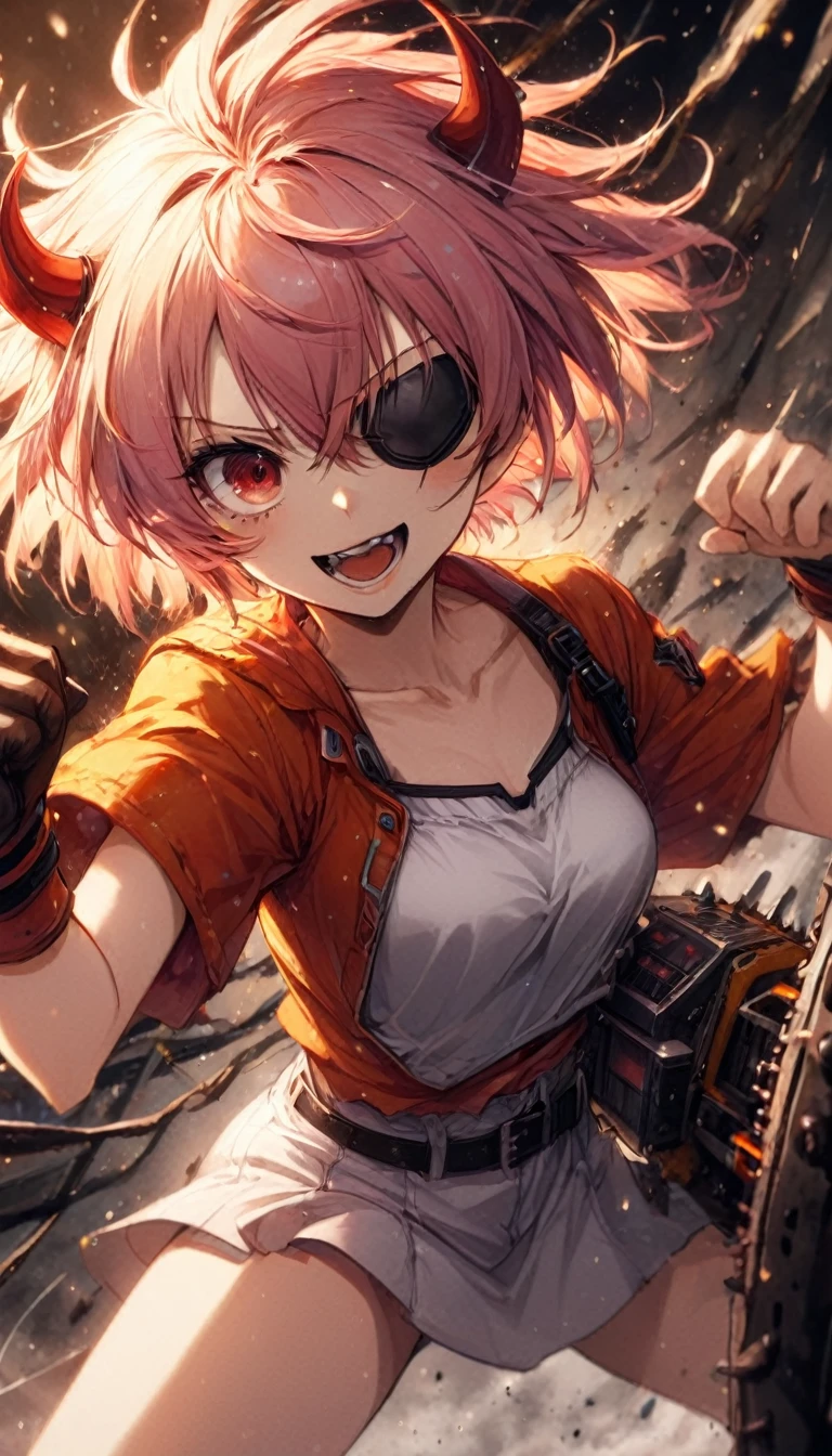 energetic, fun, explosive, Power imitating Himeno in Chainsaw Man, red horns, sharp teeth grind smile, sassy, wearing an eye patch on her left eye, cool pose, sexier, anime, cinematic, dramatic, Koume Keito style, medium close-up, dynamic vision, full body, HD12K,