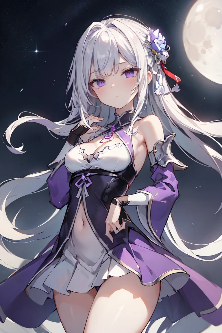 1girl, アニメ, cute girl, blank background, white background, fantasy, detailed fantasy dress with highlights, beautiful face, beautiful eyes, dark colors, black hair with multicolor streaks, red eye with different color pupil in eye, multicolor eye, medium breasts, slight cleavage, beautiful skin, cute, breast curtains, extremely delicate and beautiful, (beautiful detailed face:1.0), (detailed deep eyes), symmetrical breasts, deep eyes, shiny skin, portrait, slender waist, hips wider than shoulders, thighs, expressionless, young girl, luminous eyes, adorable，（Kpop idol）,（aegyo sal：1），（Platinum blonde hair：1），（（puffy eye）），Black panty，sexy posture，Superskirt, Ultra-high resolution，Black collar，slim figure, Abdominal y tattoo, womb tattoo，Tight-fitting leg ring，y tattoo on half-body，Bare skin, Armored hand，Hidden fingertips，Hand covered，Arm covered，Fist covered,{{beautiful detailed fingers}}, tufts of hair, moderate beautiful breast:1.0,(masterpiece:1.2), best quality, high-res, HDR, perfect face, intricate armor, delicate blue filigree, intricate filigree, red metalic parts, detailed part, dynamic pose, dynamic lights, cute face, neutral expression, shuimobysim, lotus, Hanfu, maxi skirt, dress conservatively 1girl, 独奏, long blue hair, standing, One lady,14years,((White hair) ,(Shiny purple bodysuit with microskirt),((Fantasy, Moon Night)), gradient_eyes,