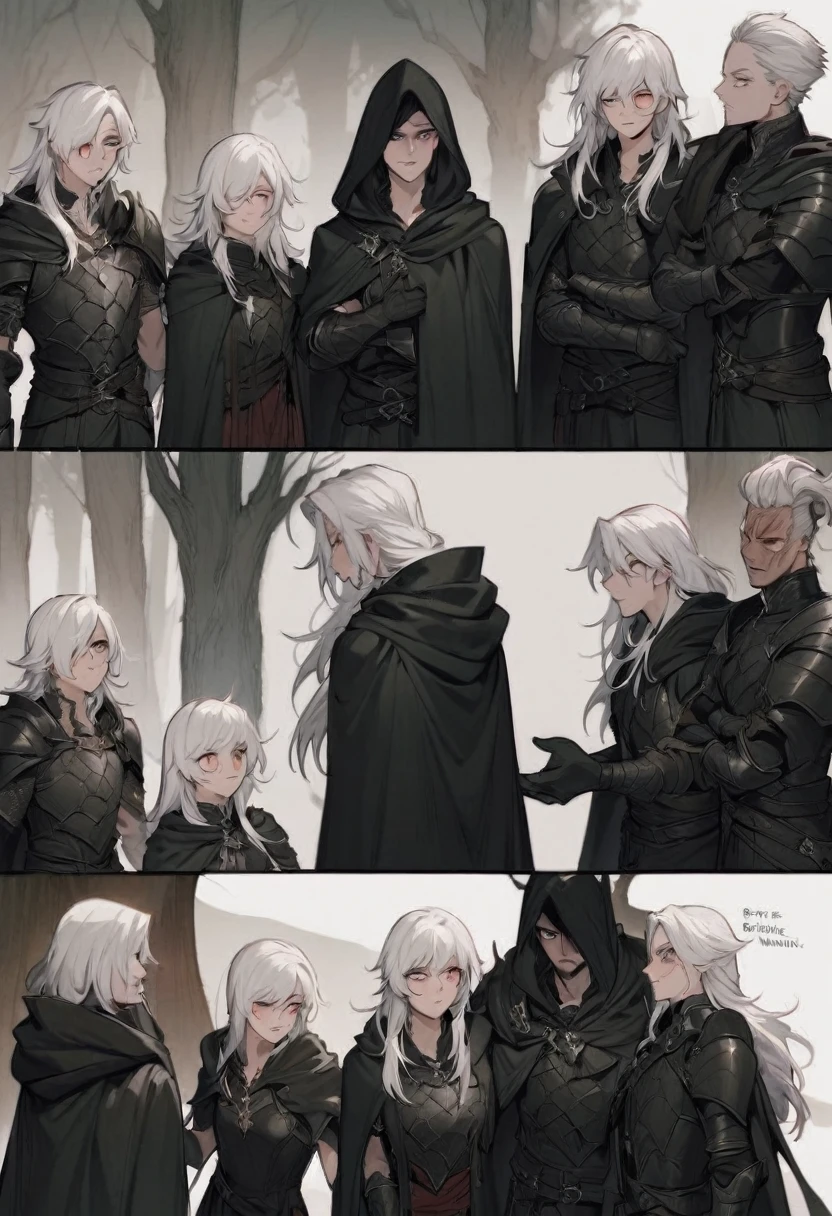 fantasy, whitehair, cat ear, tall, glove, handsome, villian face, odd eye, 21 yearold, wearing black leather armor, male, no ears, long hair curryyoung man ,Male Dark, dark Woods,Red & Black colors, rogue dnd, wear cape, hood, have scar