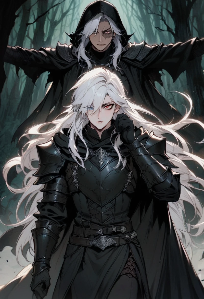 fantasy, whitehair, cat ear, tall, glove, handsome, villian face, odd eye, 21 yearold, wearing black leather armor, male, no ears, long hair curryyoung man ,Male Dark, dark Woods,Red & Black colors, rogue dnd, wear cape, hood, have scar