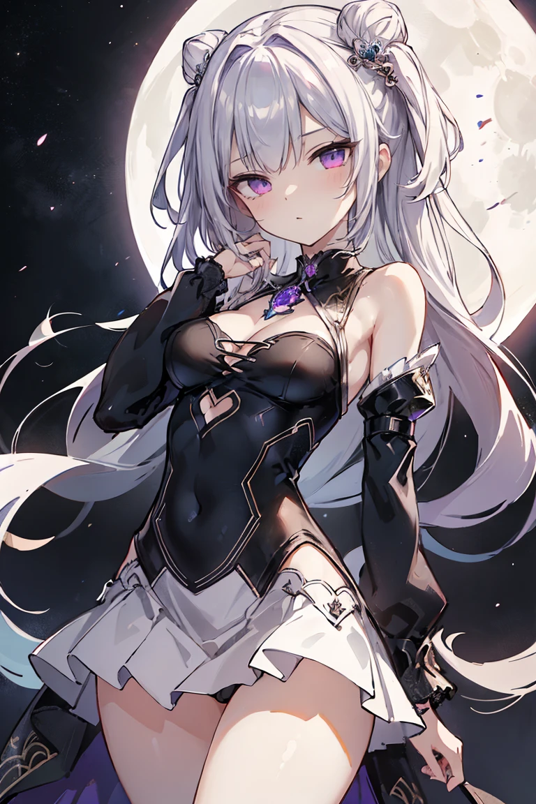 1girl, アニメ, cute girl, blank background, white background, fantasy, detailed fantasy dress with highlights, beautiful face, beautiful eyes, dark colors, black hair with multicolor streaks, red eye with different color pupil in eye, multicolor eye, medium breasts, slight cleavage, beautiful skin, cute, breast curtains, extremely delicate and beautiful, (beautiful detailed face:1.0), (detailed deep eyes), symmetrical breasts, deep eyes, shiny skin, portrait, slender waist, hips wider than shoulders, thighs, expressionless, young girl, luminous eyes, adorable，（Kpop idol）,（aegyo sal：1），（Platinum blonde hair：1），（（puffy eye）），Black panty，sexy posture，Superskirt, Ultra-high resolution，Black collar，slim figure, Abdominal y tattoo, womb tattoo，Tight-fitting leg ring，y tattoo on half-body，Bare skin, Armored hand，Hidden fingertips，Hand covered，Arm covered，Fist covered,{{beautiful detailed fingers}}, tufts of hair, moderate beautiful breast:1.0,(masterpiece:1.2), best quality, high-res, HDR, perfect face, intricate armor, delicate blue filigree, intricate filigree, red metalic parts, detailed part, dynamic pose, dynamic lights, cute face, neutral expression, shuimobysim, lotus, Hanfu, maxi skirt, dress conservatively 1girl, 独奏, long blue hair, standing, One lady,14years,((White hair) ,(Shiny purple bodysuit with microskirt),((Fantasy, Moon Night)), gradient_eyes,