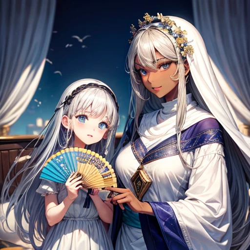 Holding a fan、Arabian woman with flowers in her hair, A woman with silver hair and dark skin