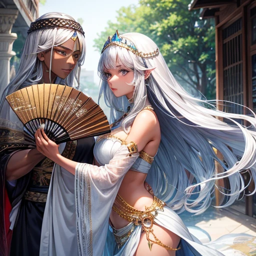 Holding a fan、Arabian woman with flowers in her hair, A woman with silver hair and dark skin