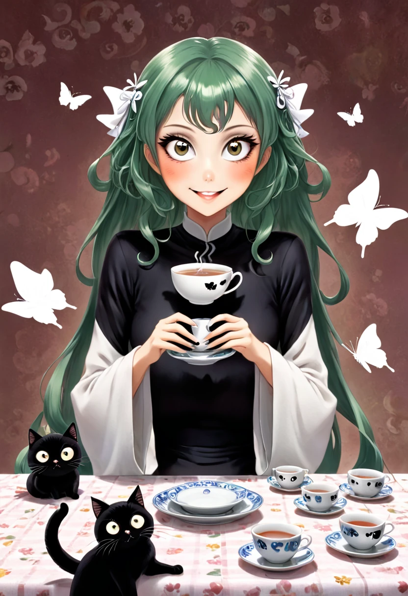 The beautiful Tatsumaki, With her huge eyes she looks amazed and with a big smile while she drinks tea from ceramic cups with ghostly cat shapes while the butterflies flutter around the table and the tablecloth..