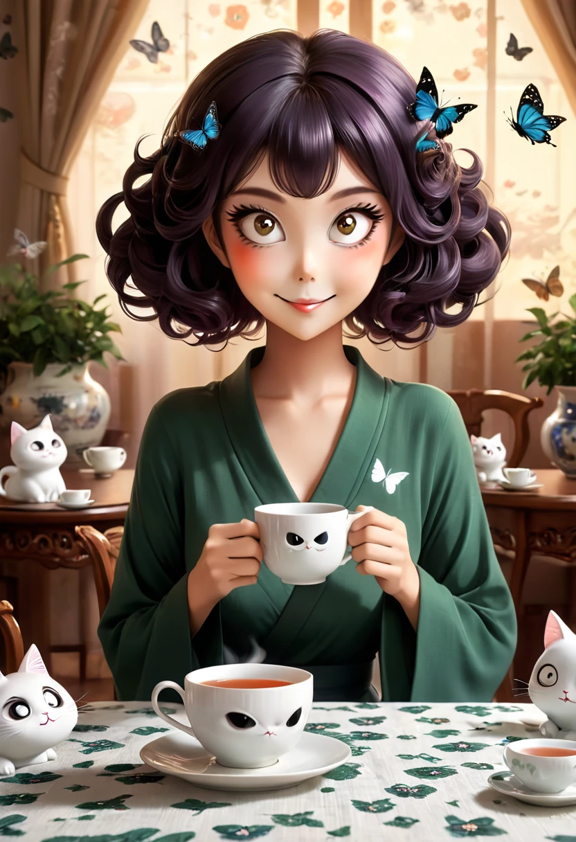 The beautiful Tatsumaki, With her huge eyes she looks amazed and with a big smile while she drinks tea from ceramic cups with ghostly cat shapes while the butterflies flutter around the table and the tablecloth..