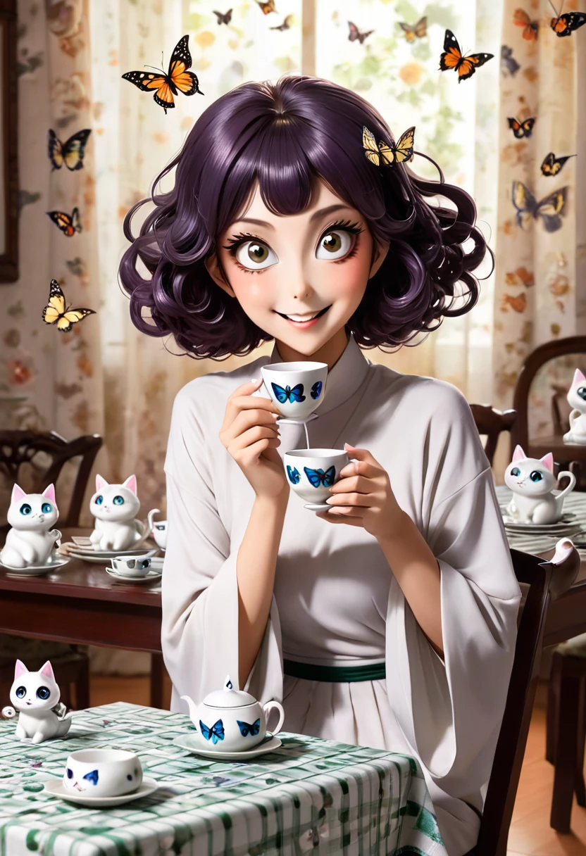 The beautiful Tatsumaki, With her huge eyes she looks amazed and with a big smile while she drinks tea from ceramic cups with ghostly cat shapes while the butterflies flutter around the table and the tablecloth..