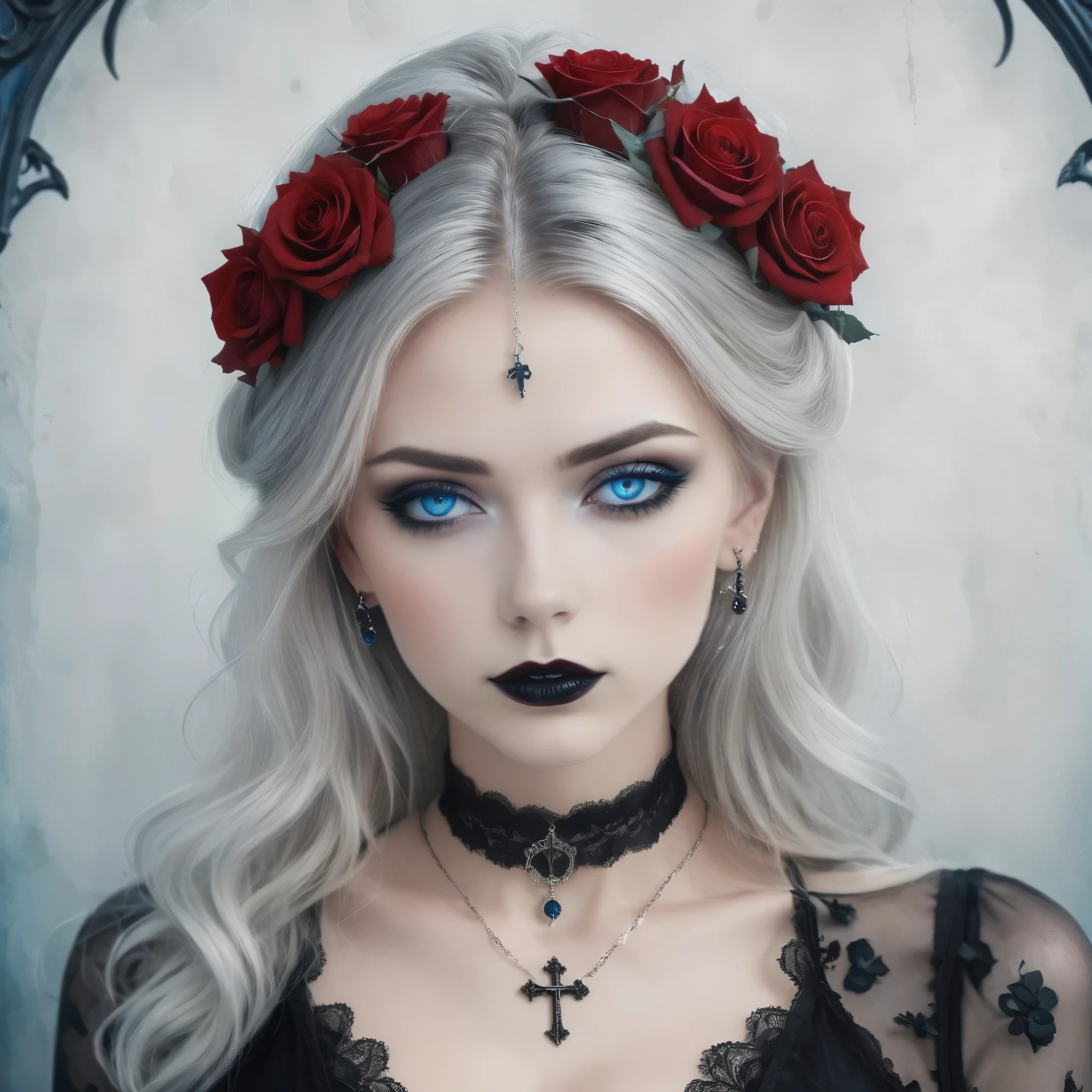 A stunning gothic woman with pale skin and intense blue eyes, framed by dramatic black eye makeup and dark lipstick. Her hair is styled in an elegant updo, adorned with red roses and intricate silver headpieces. She wears a black lace choker and matching earrings, both decorated with blue gemstones and a bright red ornate cross necklace. The background is a gradient of deep blue, enhancing the mystical and enchanting atmosphere. The overall style is dark, yet elegant, combining gothic and fantasy elements with a touch of romanticism. Hyper realistic photo, 16k, vibrant colors