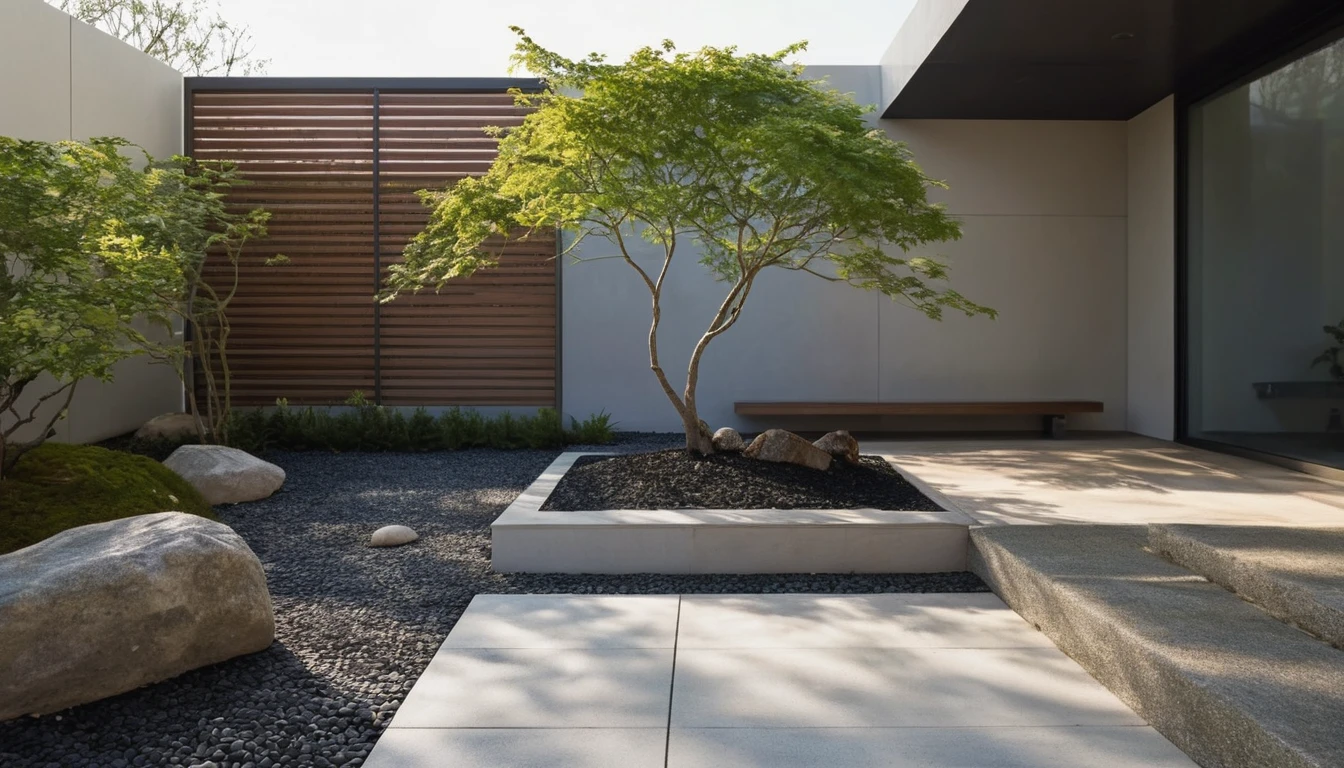 Quantum LCD,Garden,No humans,Tree,landscape,outdoor,sky,stairs,plant,Fence,This picture shows a modern courtyard landscape. On the left side of the screen is a uniquely shaped grey rock,Seems to be carefully selected and arranged. There is a path paved with black pebbles next to the rock.,Winding through the courtyard. Central courtyard,there is a beautifully shaped Tree with a twisted trunk and lush leaves,Gives people an ancient and exquisite feeling. On the right side of the Tree is a small bonsai plant,The foliage is luxuriant,Presenting a vibrant scene. In the background,You can see a high wall，There are some vertical lines on the texture,In sharp contrast to the foreground. The whole scene is illuminated by sunlight,Looks very peaceful.,