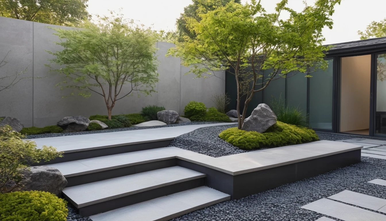 Quantum LCD,Garden,No humans,Tree,landscape,outdoor,sky,stairs,plant,Fence,This picture shows a modern courtyard landscape. On the left side of the screen is a uniquely shaped grey rock,Seems to be carefully selected and arranged. There is a path paved with black pebbles next to the rock.,Winding through the courtyard. Central courtyard,there is a beautifully shaped Tree with a twisted trunk and lush leaves,Gives people an ancient and exquisite feeling. On the right side of the Tree is a small bonsai plant,The foliage is luxuriant,Presenting a vibrant scene. In the background,You can see a high wall，There are some vertical lines on the texture,In sharp contrast to the foreground. The whole scene is illuminated by sunlight,Looks very peaceful.,