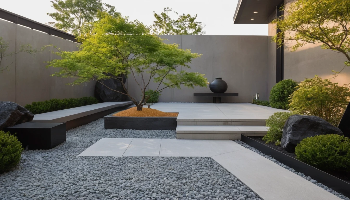 Quantum LCD,Garden,No humans,Tree,landscape,outdoor,sky,stairs,plant,Fence,This picture shows a modern courtyard landscape. On the left side of the screen is a uniquely shaped grey rock,Seems to be carefully selected and arranged. There is a path paved with black pebbles next to the rock.,Winding through the courtyard. Central courtyard,there is a beautifully shaped Tree with a twisted trunk and lush leaves,Gives people an ancient and exquisite feeling. On the right side of the Tree is a small bonsai plant,The foliage is luxuriant,Presenting a vibrant scene. In the background,You can see a high wall，There are some vertical lines on the texture,In sharp contrast to the foreground. The whole scene is illuminated by sunlight,Looks very peaceful.,