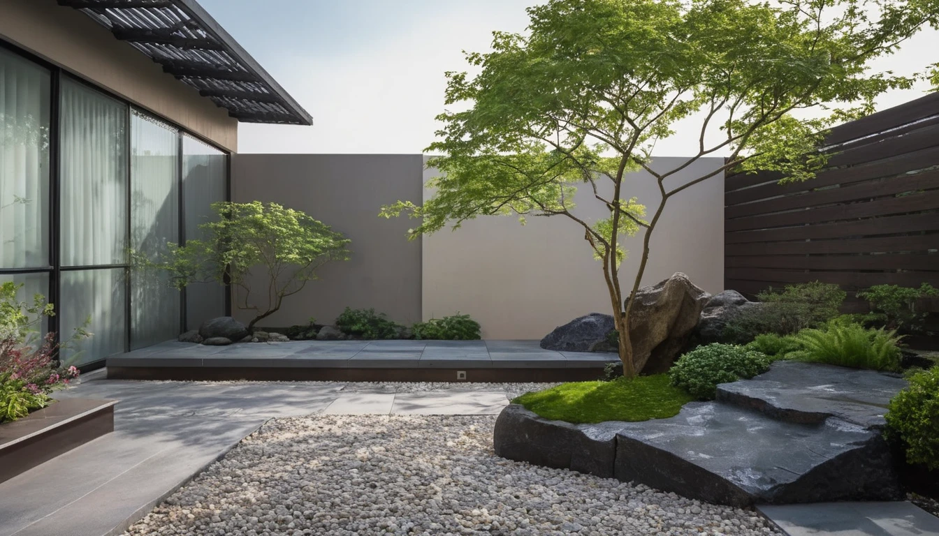 Quantum LCD,Garden,No humans,Tree,landscape,outdoor,sky,stairs,plant,Fence,This picture shows a modern courtyard landscape. On the left side of the screen is a uniquely shaped grey rock,Seems to be carefully selected and arranged. There is a path paved with black pebbles next to the rock.,Winding through the courtyard. Central courtyard,there is a beautifully shaped Tree with a twisted trunk and lush leaves,Gives people an ancient and exquisite feeling. On the right side of the Tree is a small bonsai plant,The foliage is luxuriant,Presenting a vibrant scene. In the background,You can see a high wall，There are some vertical lines on the texture,In sharp contrast to the foreground. The whole scene is illuminated by sunlight,Looks very peaceful.,