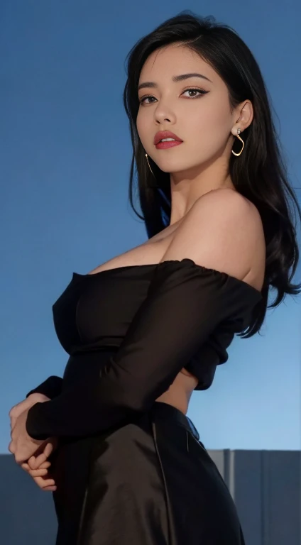 4k-ultra clear、highest quallity, work of art, ultra high resolution, (reality: 1.4), de , purples eyes, Off Shoulder Sweater Dresses, cinematic lighting、purple and black hair、(My girl、gothic makeup、mine makeup)、(Pierced Ears、breasts big、Oversized black t-shirt with open shoulders-dark skirt)、((dark make-up、greasy skin,shining skin、textura de pele realista、detailed beautiful skin、shining skin)), dark area of the city center at night、Kabukicho、dark cyberpunk、(Accurate shot:1.8)、fine legs、Thin arms、slim shoulders、Waist slender、slenderbody、breasts big、all-body