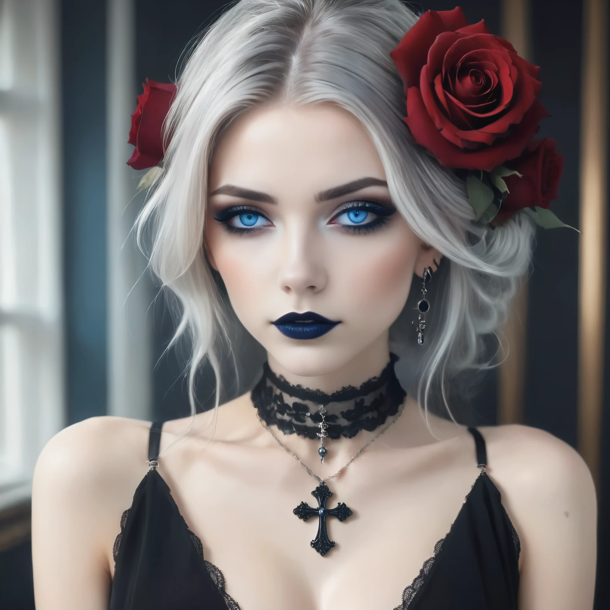 A stunning gothic woman with pale skin and intense blue eyes, framed by dramatic black eye makeup and dark lipstick. Her hair is styled in an elegant updo, adorned with red roses and intricate silver headpieces. She wears a black lace choker and matching earrings, both decorated with blue gemstones and a bright red ornate cross necklace. The background is a gradient of deep blue, enhancing the mystical and enchanting atmosphere. The overall style is dark, yet elegant, combining gothic and fantasy elements with a touch of romanticism. Hyper realistic photo, 16k, vibrant colors