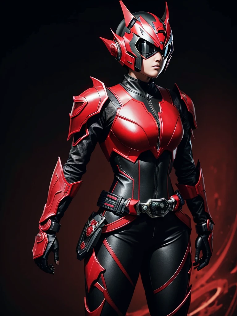1 teenage girl. Slim body. Girl Kamen rider. Dragon styled kamen rider. Red and black female kamen rider suit with cleavage. Dragon styled full face kamen rider helmet. No face exposed. No hair exposed. Kamen rider belt. Standing pose. Red light background.