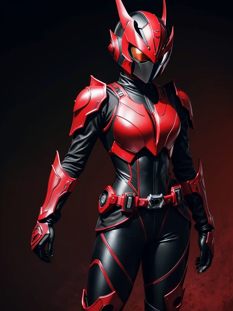 1  girl. Slim body. Girl Kamen rider. Dragon styled kamen rider. Red and black female kamen rider suit with cleavage. Dragon styled full face kamen rider helmet. No face exposed. No hair exposed. Kamen rider belt. Standing pose. Red light background.