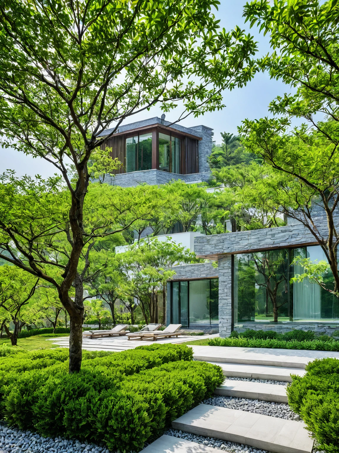qlcd,tingyuan, photo of modern villa, grassland, garden, shrubs and trees, rock decoration, clear sky, sun light, realistic photo