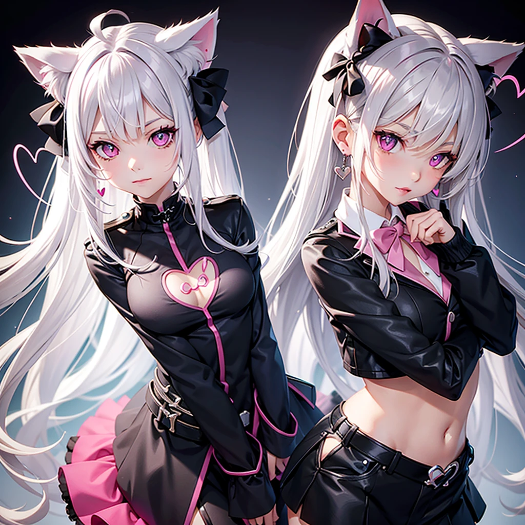 Silver hair, pink eyes, body, cat ears, sexy girl, earrings, heart background fantasy, uniform, hair bow, no black