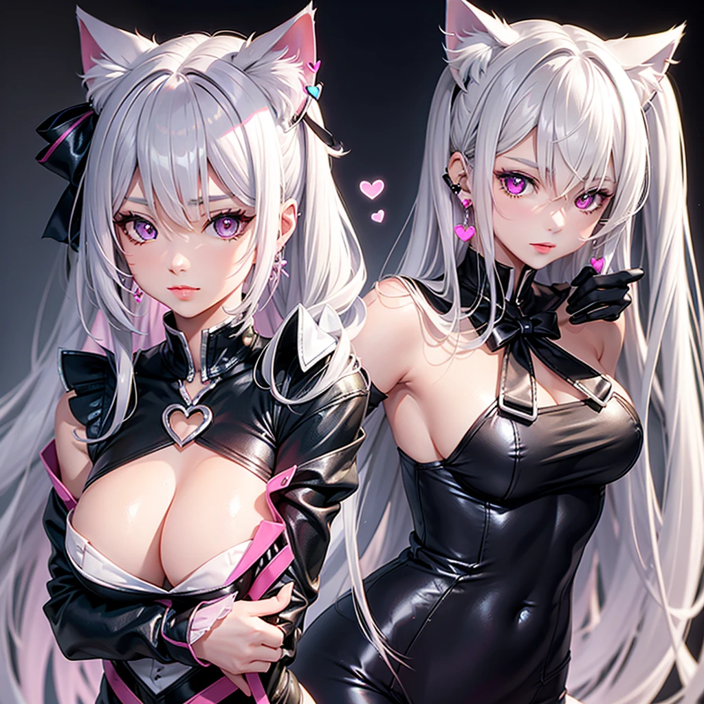 Silver hair, pink eyes, body, cat ears, sexy girl, earrings, heart background fantasy, uniform, hair bow, no black