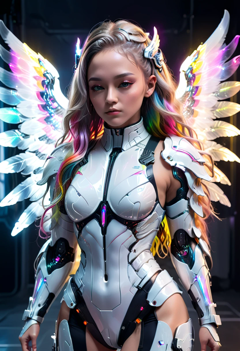 cyborg fighter, large wings, white cyberpunk armor, acrylic clear cover, long rainbow wavy hair, glowing skin, cyberpunk style, futuristic headgear, intricate details, hyper realistic, cinematic lighting, dramatic pose, volumetric lighting, photorealistic, 8k, ultra detailed, her entire body is shown, (full body:1.5), perfect faces